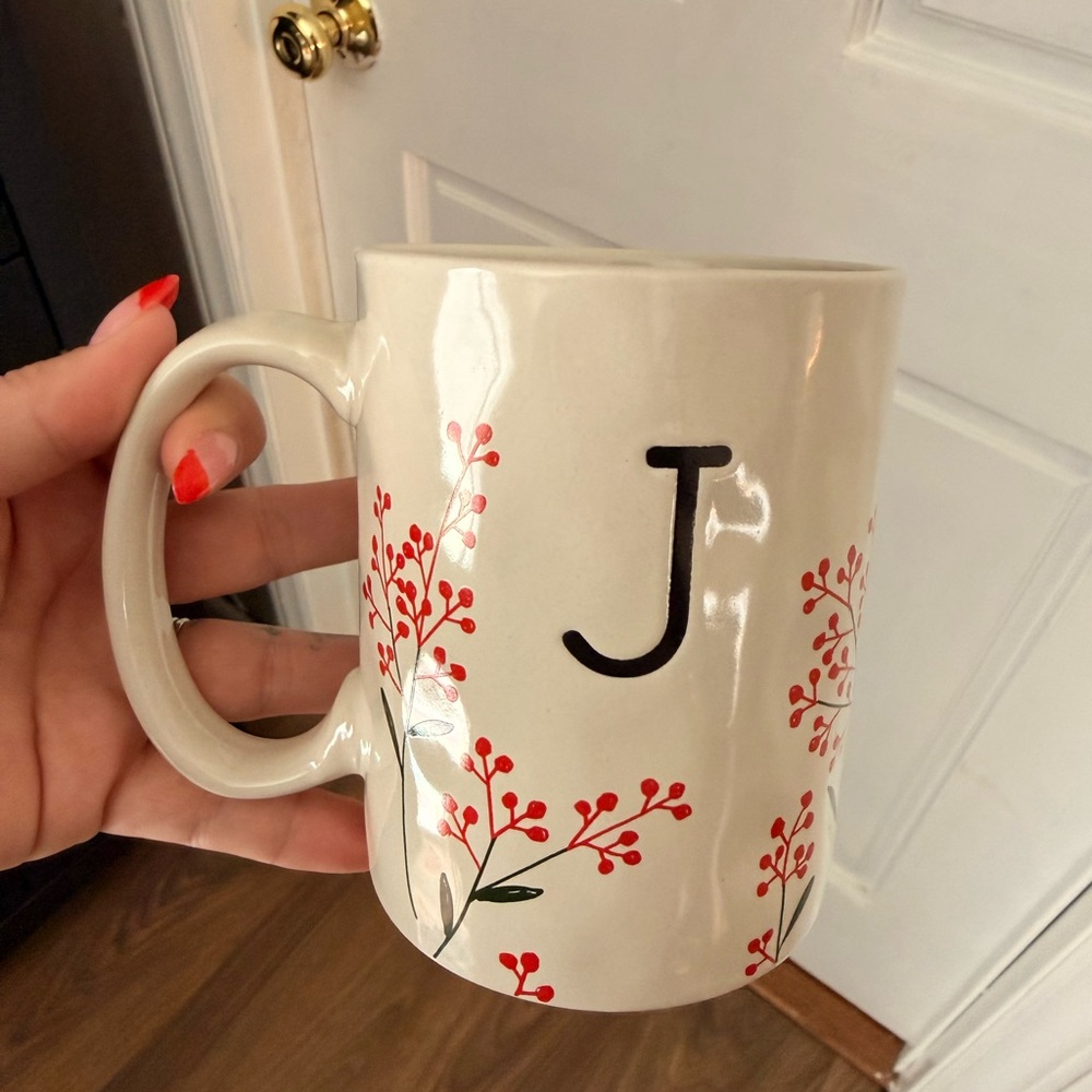 Floral Initial Mug - Cream with Red Accents